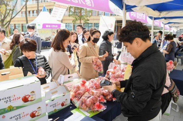 영주-1-3 시민들이 영주명품 농특산물 전시 홍보행사장에서 영주사과를 구매하고 있다.jpeg
