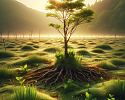 A serene early morning scene with a young tree, its roots deeply embedded into the ground, surrounded by small, delicate plants and vibrant green grass, with a soft sunrise casting a gentle glow over a vast, tranqu.png