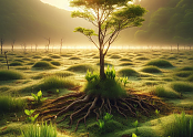 A serene early morning scene with a young tree, its roots deeply embedded into the ground, surrounded by small, delicate plants and vibrant green grass, with a soft sunrise casting a gentle glow over a vast, tranqu.png