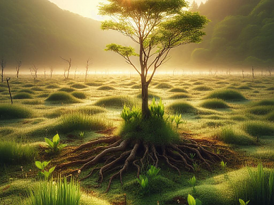 A serene early morning scene with a young tree, its roots deeply embedded into the ground, surrounded by small, delicate plants and vibrant green grass, with a soft sunrise casting a gentle glow over a vast, tranqu.png