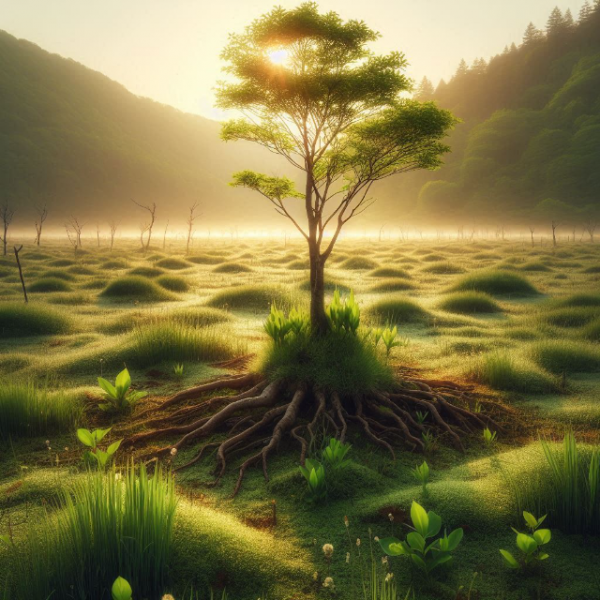 A serene early morning scene with a young tree, its roots deeply embedded into the ground, surrounded by small, delicate plants and vibrant green grass, with a soft sunrise casting a gentle glow over a vast, tranqu.png