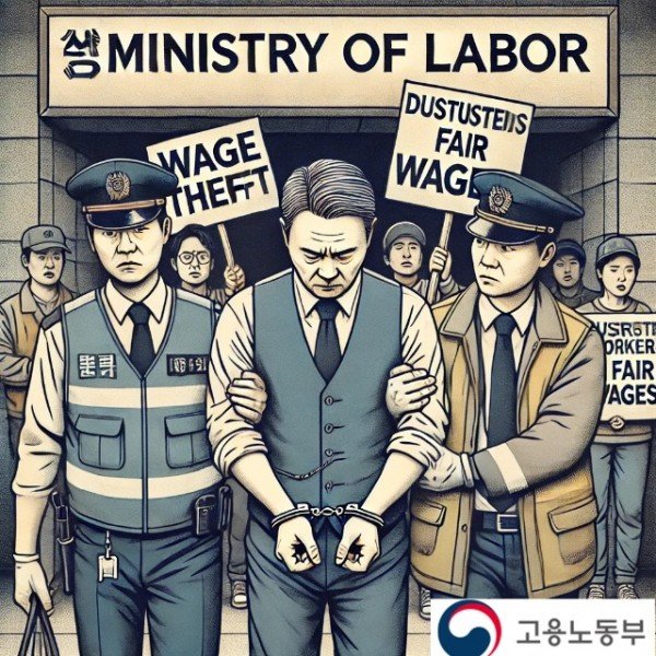 DALL·E 2025-03-07 12.49.42 - A newspaper-style illustration depicting the arrest of a business owner for wage theft. The image shows a middle-aged man in handcuffs, wearing a cons.jpg